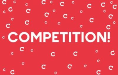 Word 'competition' written in bold, white letters on a red background