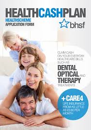 A happy family with two parents and two children standing together, smiling. The BHSF logo is displayed in the corner of the image. Below the family, there is a list of items available for claim on the Health Cash Plan