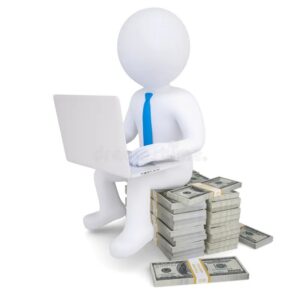 Man working on a laptop while sitting on a large pile of money