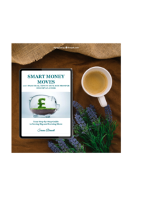 Smart Money Moves book cover on a tablet surrounded by lavender flowers and a cup of coffee, with a cosy background