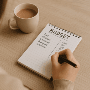 Woman writing a budget plan on a notepad while holding a mug of tea