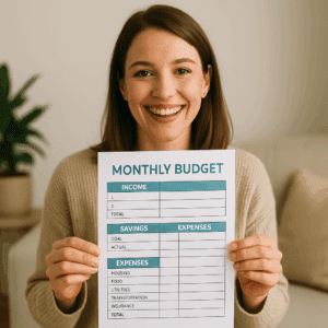 Smiling woman holding a printed budget tracker sheet