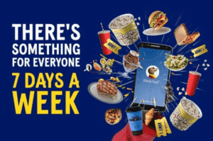 Meerkat Rewards app surrounded by food, drinks, cinema tickets, and coffee – showing daily savings offers