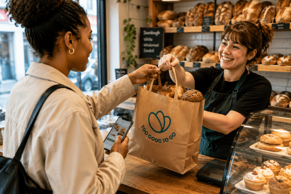 Customer collecting a Too Good To Go Surprise Bag from a bakery