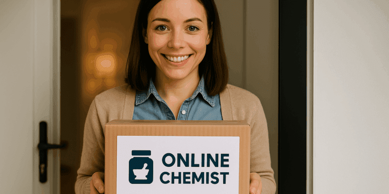 Woman receiving a package from an online chemist for cheaper prescriptions at her front door