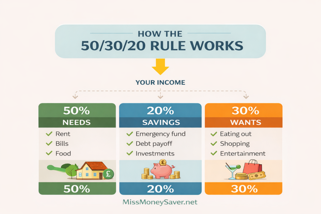 50/20 rule budgeting infographic showing how income is divided into needs, savings and wants