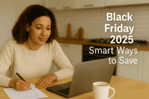 Woman budgeting online before Black Friday 2025