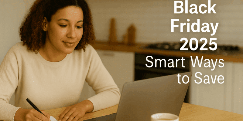 Woman budgeting online before Black Friday 2025