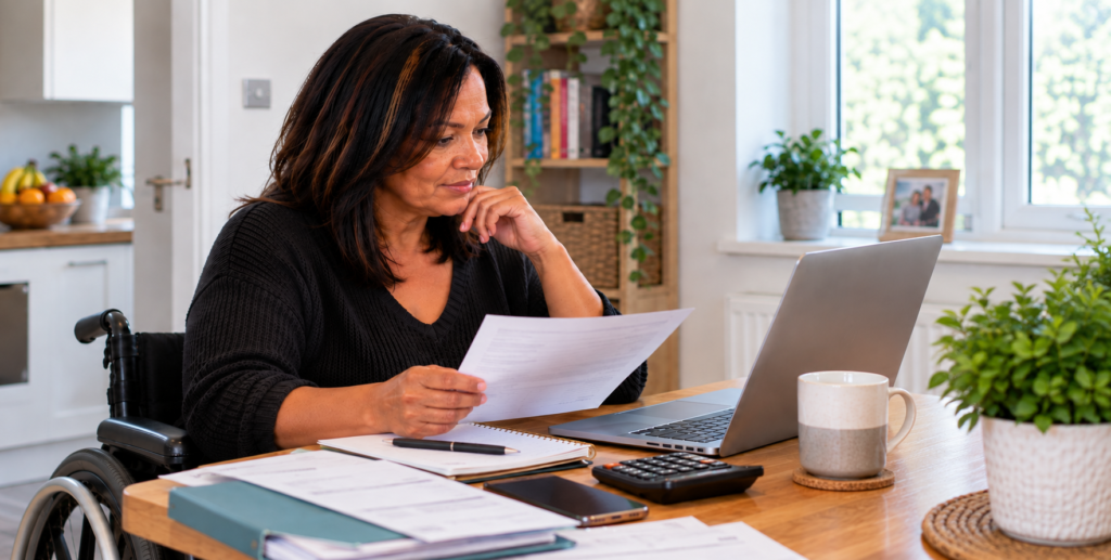 Disabled woman at home taking a break while managing everyday finances