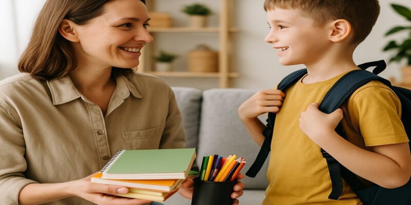 Parent holding school supplies while child puts on backpack