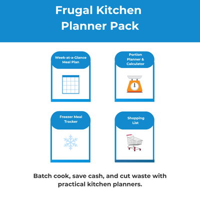 Frugal Kitchen Planner Pack thumbnail showing meal prep, freezer storage, and cooking planner icons with a download button.