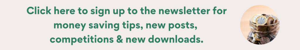 Newsletter signup banner for money saving tips, new posts, competitions and new downloads