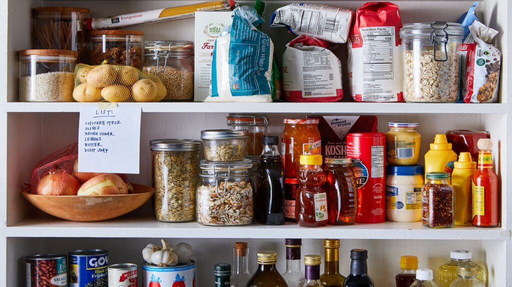 organised pantry with staple foods for bulk buying and saving money