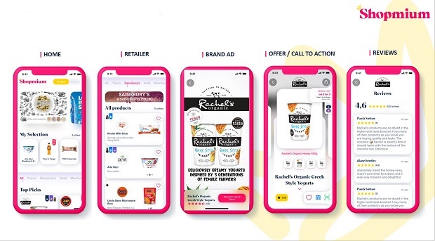 Various images of the Shopmium app displaying cashback offers, receipt scanning, and user interface