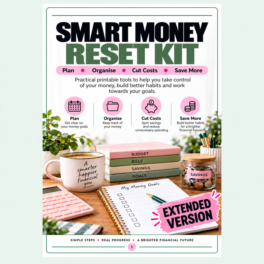 Smart Money Reset Kit Extended Version printable budget planner to help organise finances, track spending and build savings.