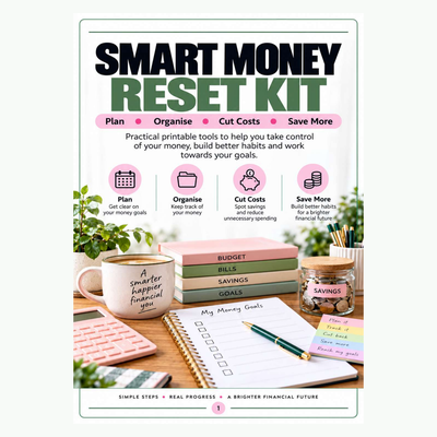 Smart Money Reset Kit 36-page printable budgeting workbook to help organise finances, track spending, reduce costs and build savings.