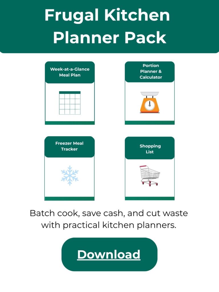 Frugal Kitchen Planner Pack thumbnail showing meal prep, freezer storage, and cooking planner icons with a download button.