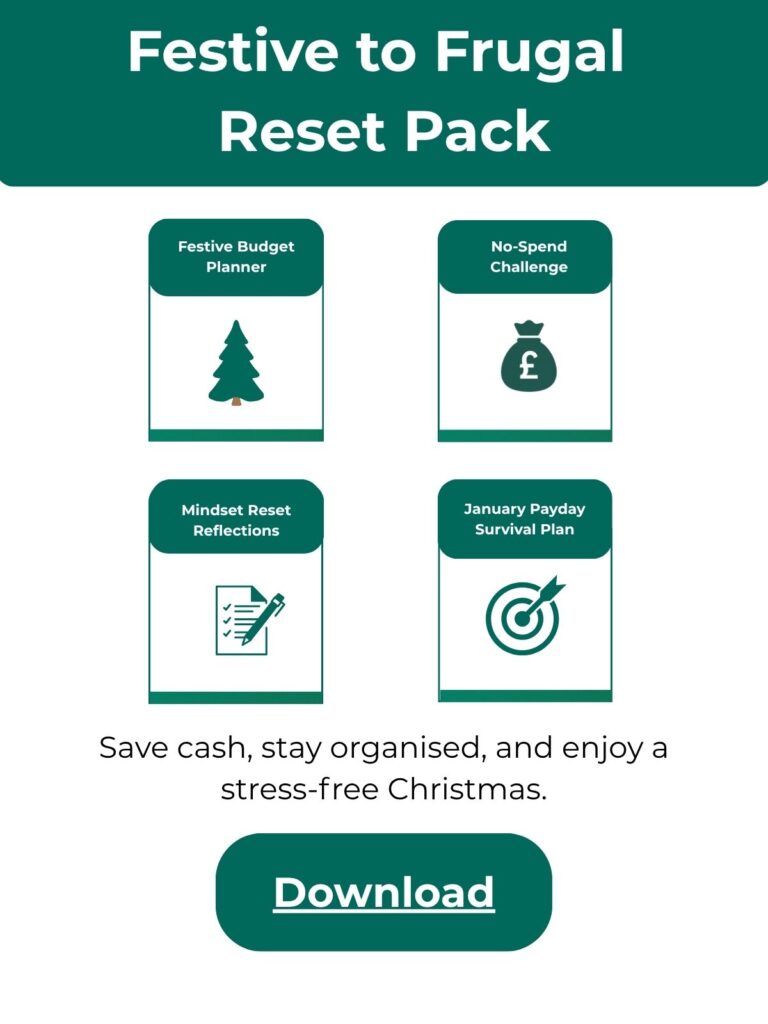 over page of the Festive to Frugal Reset Pack – a private downloadable planner for subscribers to help manage Christmas spending and start the new year frugally.