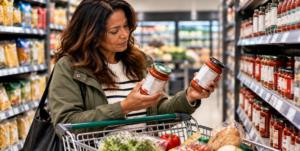 Shopper comparing grocery prices for a Company Shop UK guide