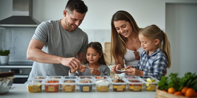 A family preparing batch meals together in a kitchen with labelled containers