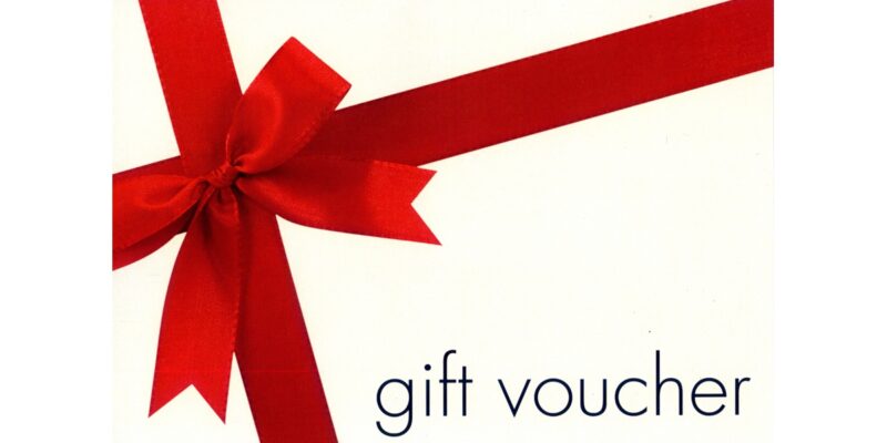 A red gift wrap bow placed beside the words "Gift Vouchers" in bold text.