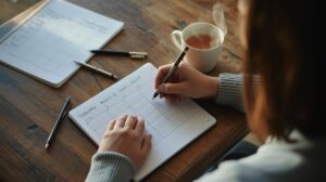 Person writing a weekly meal plan with tea on the table