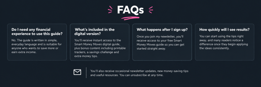Frequently asked questions about the free Smart Money Moves digital guide and newsletter sign-up.