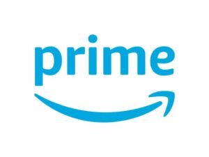 Amazon Prime logo with a black and white design featuring the Amazon logo.