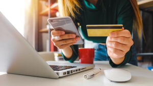 Comparison between digital banking on a smartphone and a traditional bank branch.