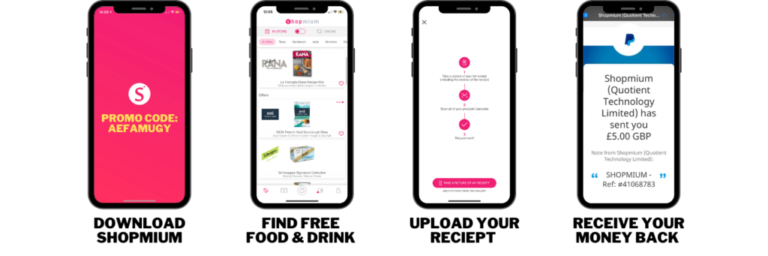 The image illustrates the Shopmium app process, showing a user taking a photo of their grocery receipt.