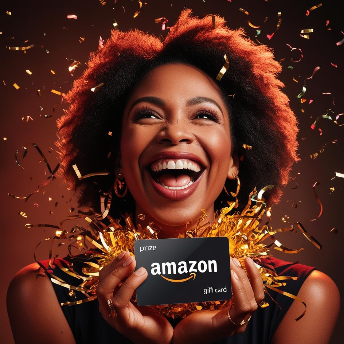 Celebratory image with confetti and a woman holding an Amazon Gift Card, symbolizing a win in the competition.