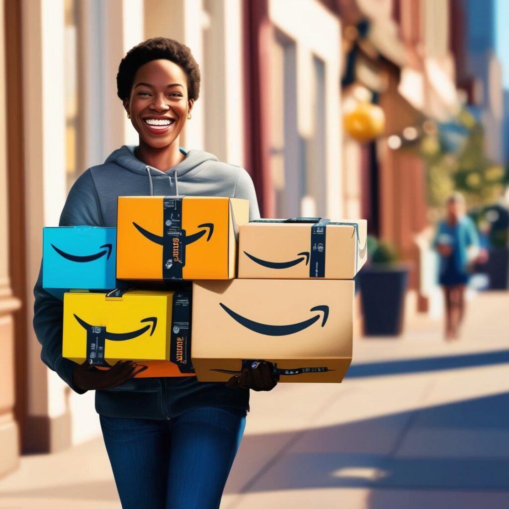 A shopper smiling and carrying multiple Amazon packages while walking.