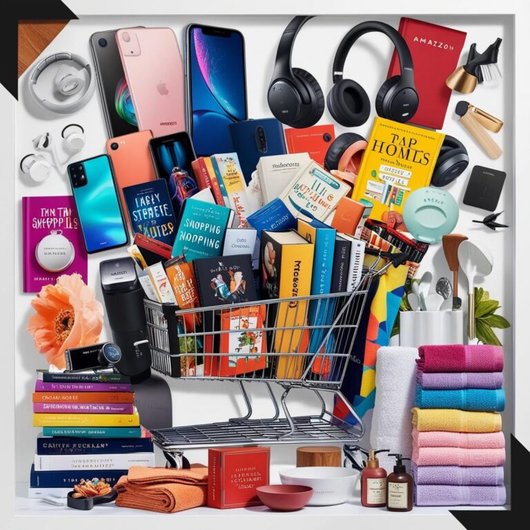 A shopping cart filled with various items, including electronics, books, and home essentials, symbolizing great deals on Amazon.