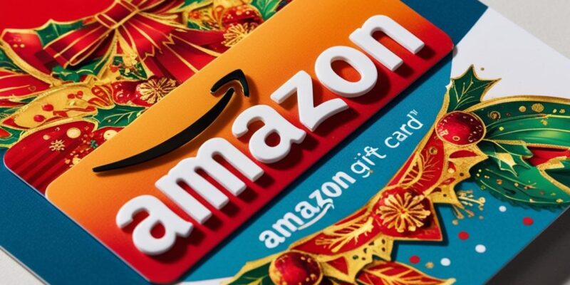 A colorful Amazon Gift Card featuring a festive design with holiday decorations and a cheerful ribbon.