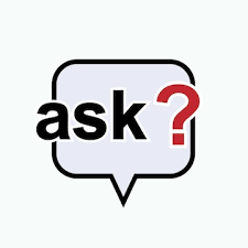 A speech bubble with the word "ask" in black text and a red question mark next to it.