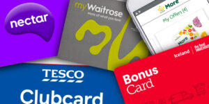 A collection of UK loyalty cards from different brands and retailers.