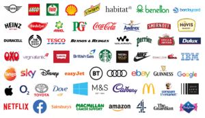 A collection of well-known UK brands including their logos and products.