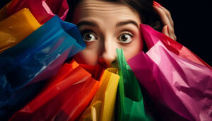 Woman holding colourful gift bags from mystery shopping, smiling with excitement.