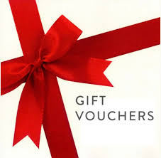 A red gift wrap bow placed beside the words "Gift Vouchers" in bold text.