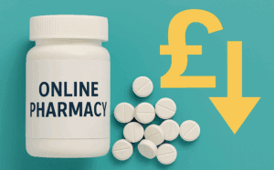 Promotional graphic with an online pharmacy pill bottle, tablets, pound sign, promoting cheaper prescriptions through discount online chemists