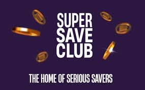 SuperSaveClub logo with floating gold coins on a dark purple background and the tagline "The Home of Serious Savers"