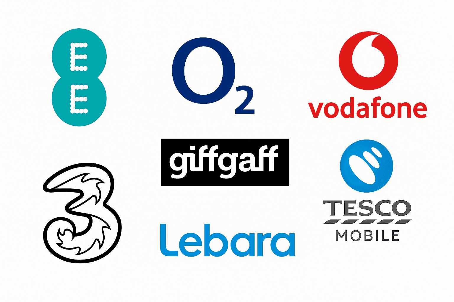 Logos of seven major UK mobile network providers including EE, O2, Vodafone, Three, giffgaff, Tesco Mobile, and Lebara