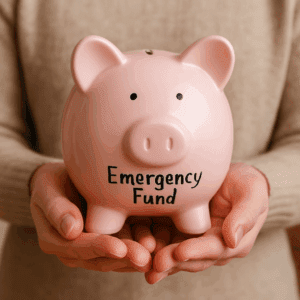 Person holding a piggy bank labelled ‘Emergency Fund’ in their hands. Building an Emergency Fund