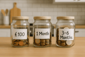 Savings jars labelled £100, 1 Month, and 3–6 Months on a kitchen table