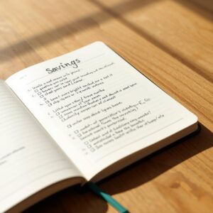 Open notebook with a step-by-step savings checklist written in pen