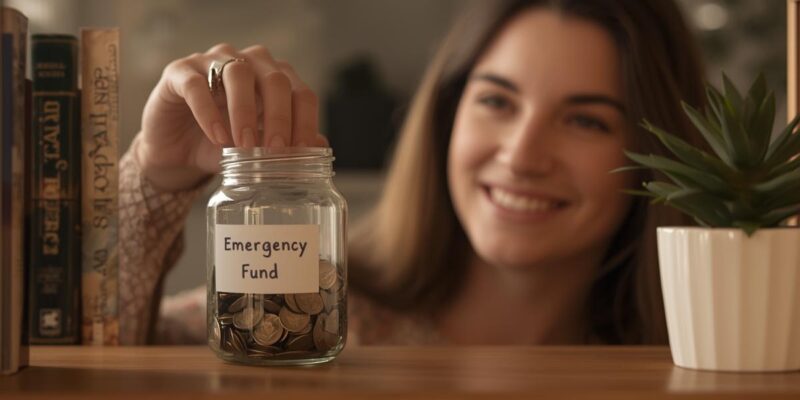 Person placing a jar labelled 'Emergency Fund' on a shelf in a cosy home office