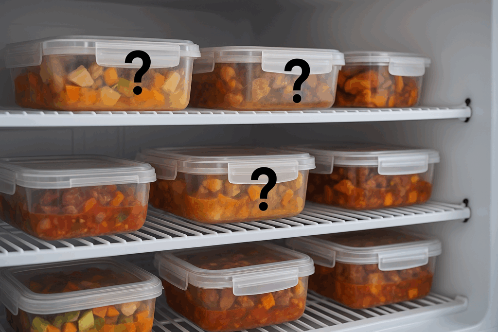 Open freezer with several food containers, some marked with question marks