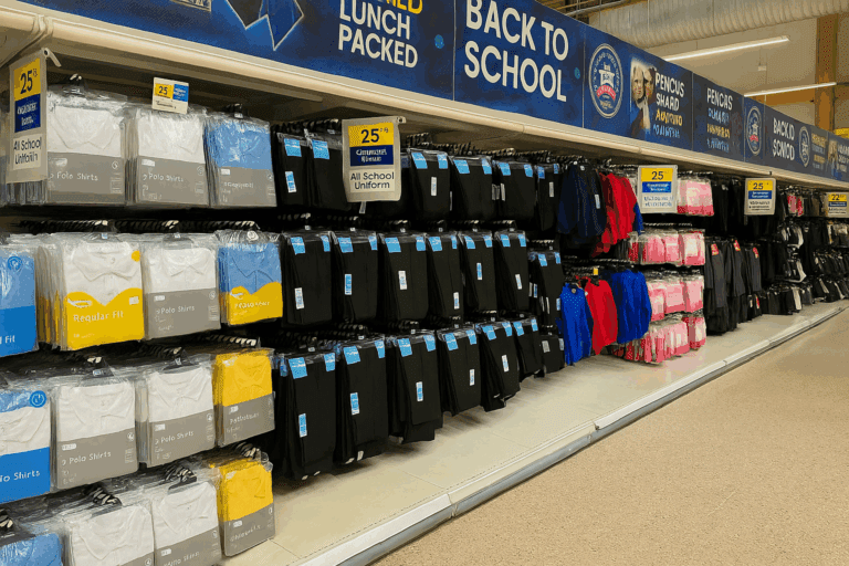 Budget-friendly school uniforms displayed in a UK supermarket.