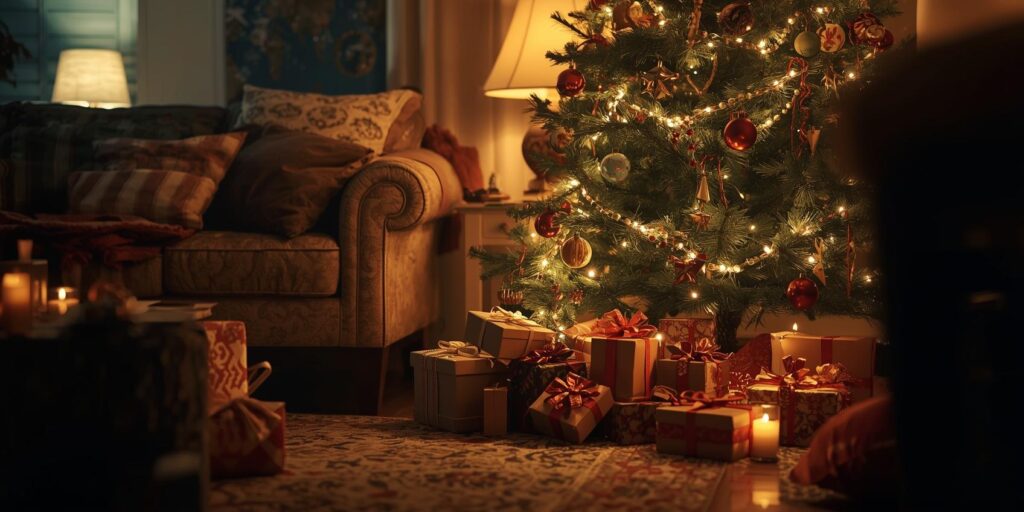 Cosy living room with simple Christmas decorations and modest, budget-friendly gifts