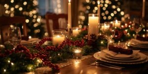 Christmas table setup with affordable homemade decorations and warm lights. Save Money This Christmas